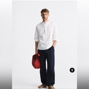 Zara Men Sz S Banded Collar Slim Fit Half Button Up Shirt